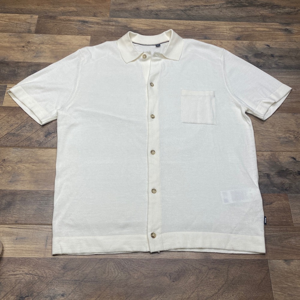 BOSS Duno Knit Polo Shirt Mens M White Virgin Wool Cotton Button Front Relaxed